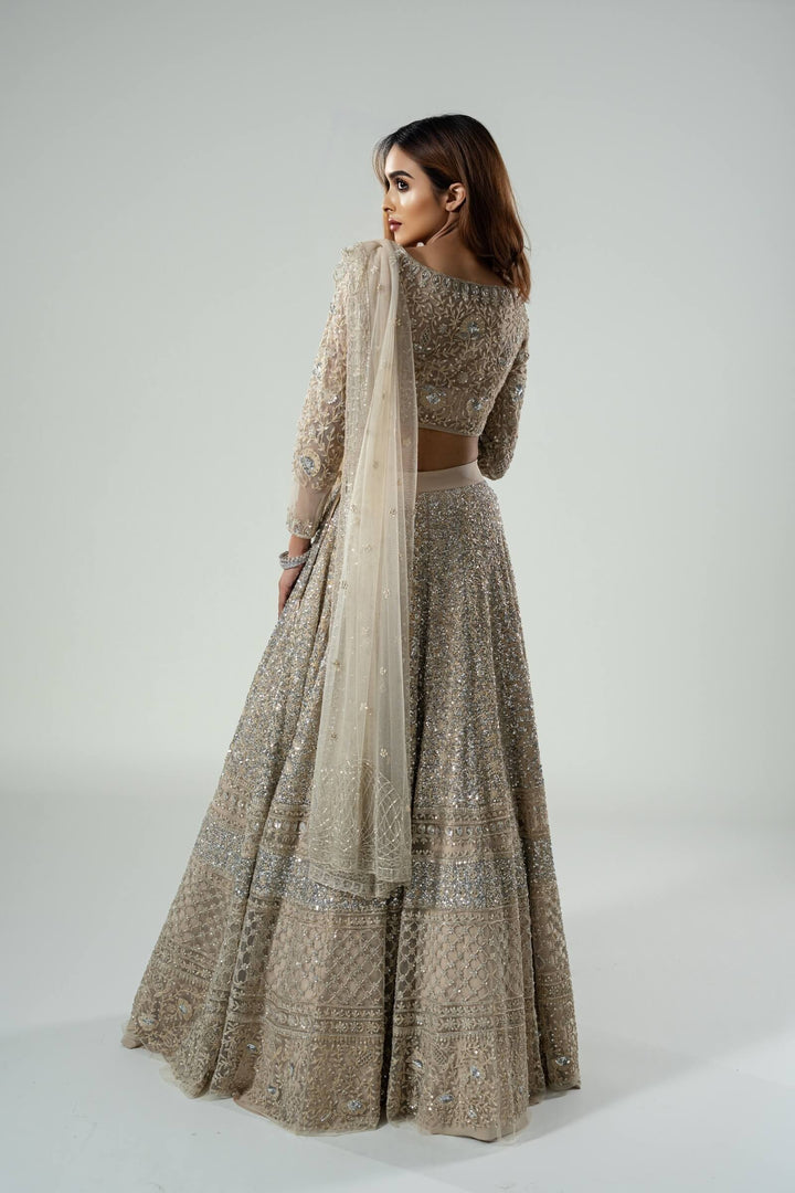 Beige Thread Work Lehenga With Blouse And Dupatta