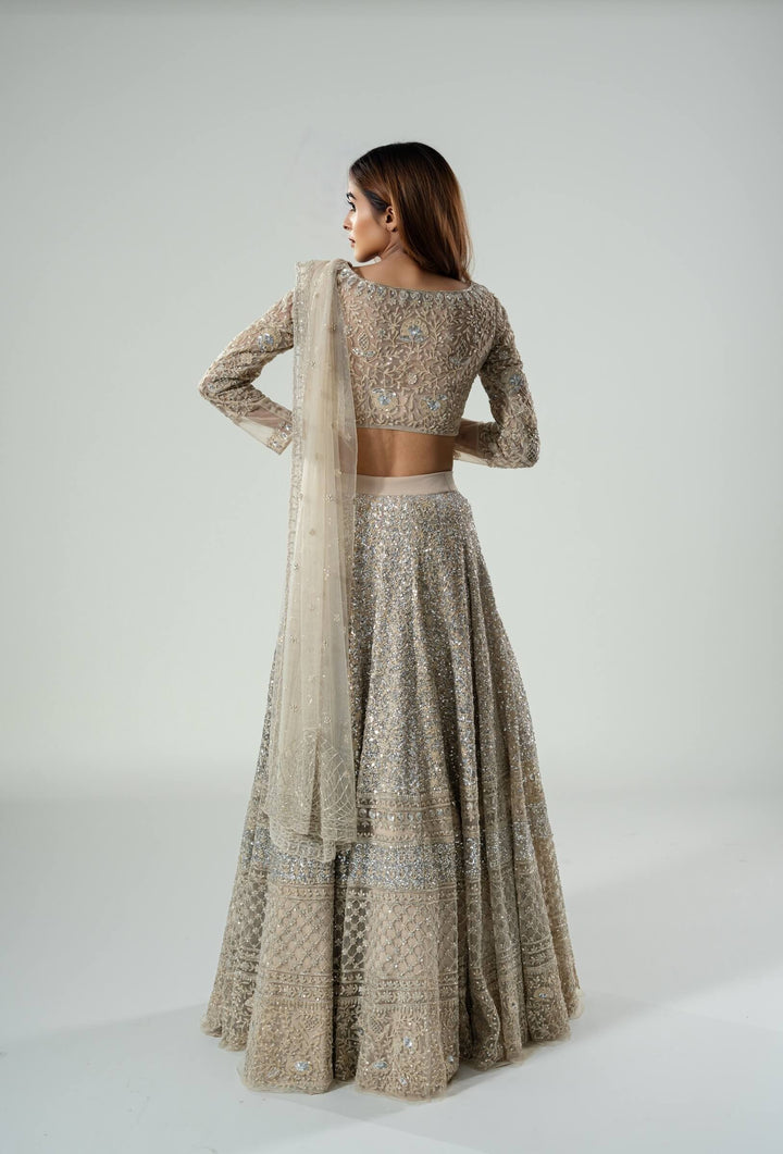 Beige Thread Work Lehenga With Blouse And Dupatta