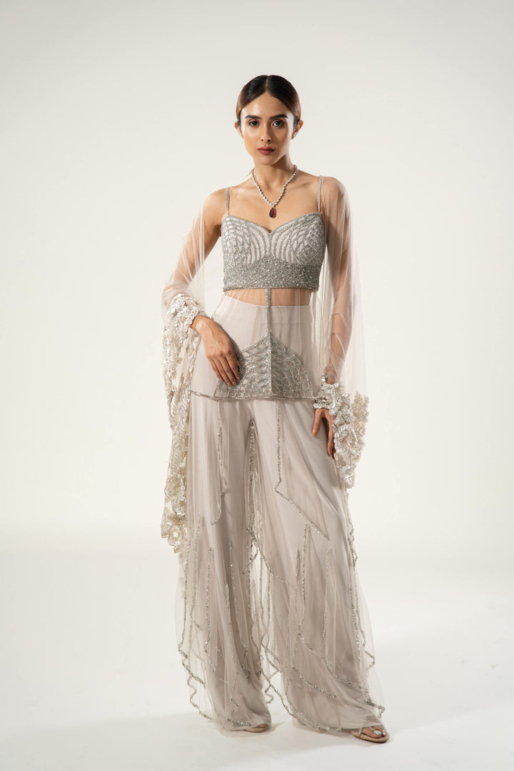 Stone Layered Pants With Sheer Kurta And Sequin Work Stole