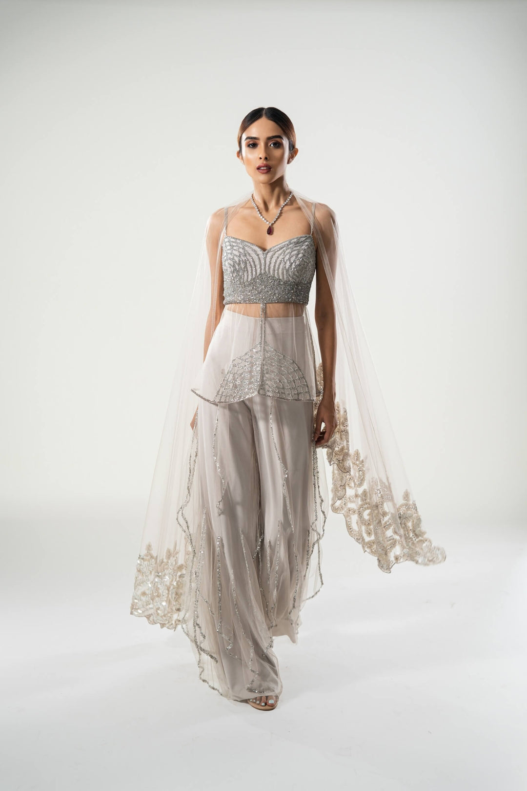 Stone Layered Pants With Sheer Kurta And Sequin Work Stole