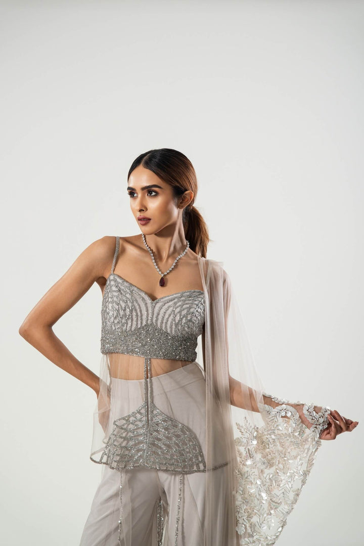 Stone Layered Pants With Sheer Kurta And Sequin Work Stole