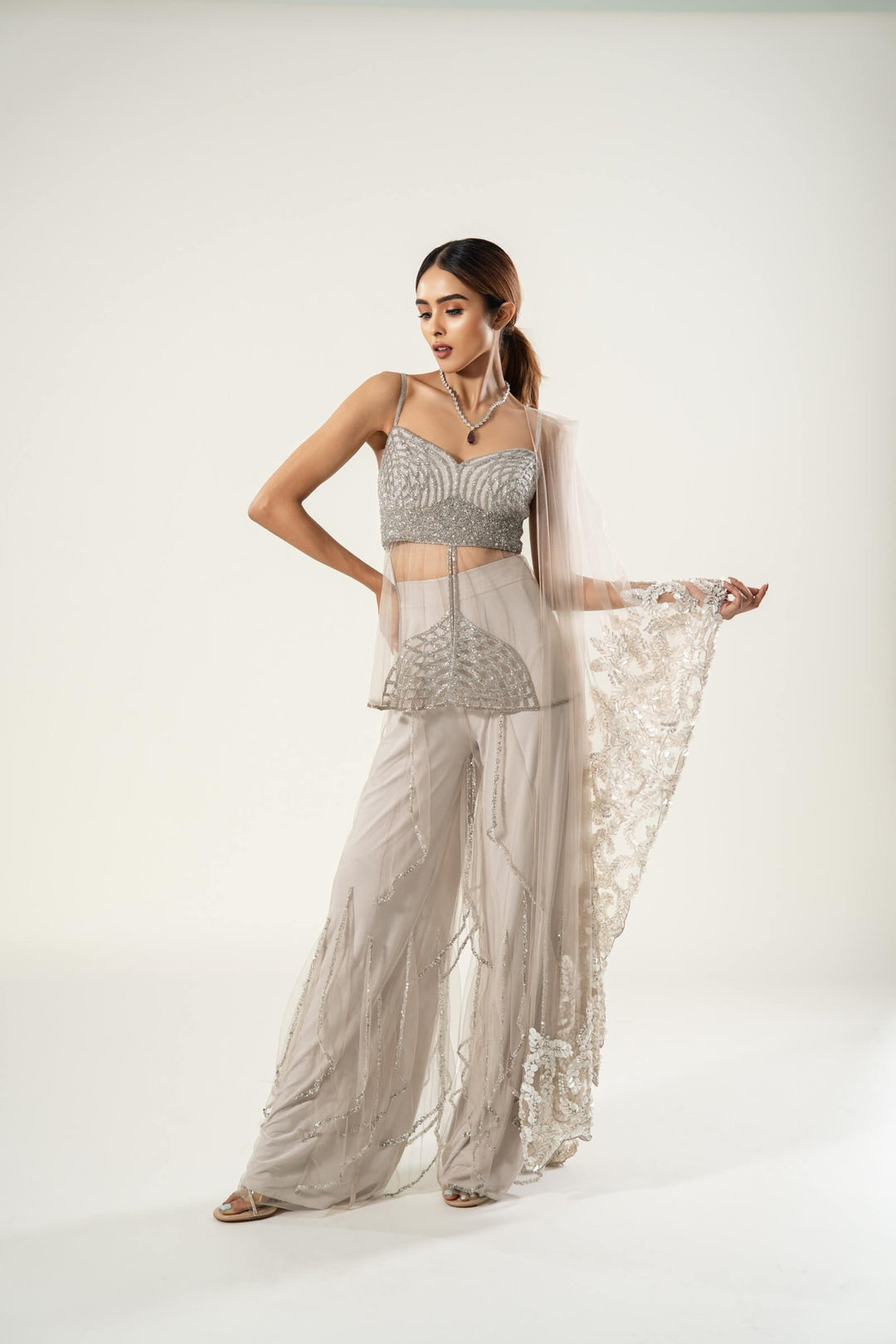 Stone Layered Pants With Sheer Kurta And Sequin Work Stole