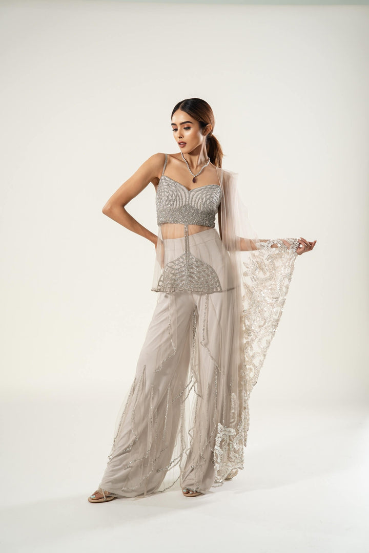 Stone Layered Pants With Sheer Kurta And Sequin Work Stole