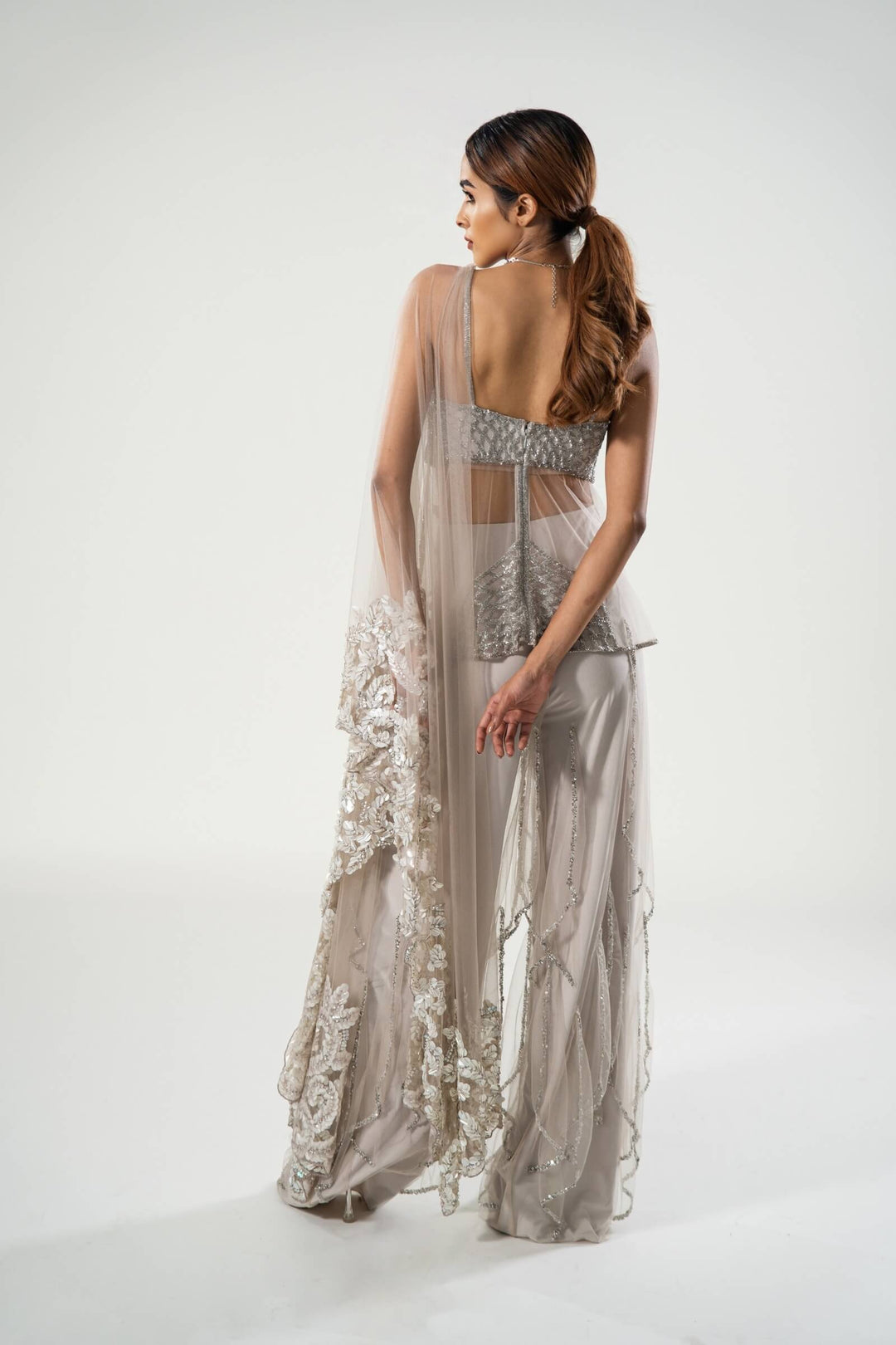 Stone Layered Pants With Sheer Kurta And Sequin Work Stole