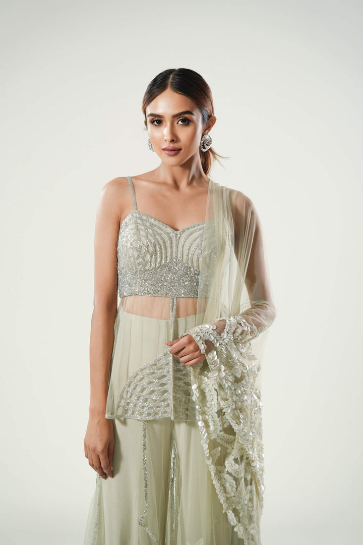 Mint Layered Pants With Sheer Kurta And Sequin Work Stole