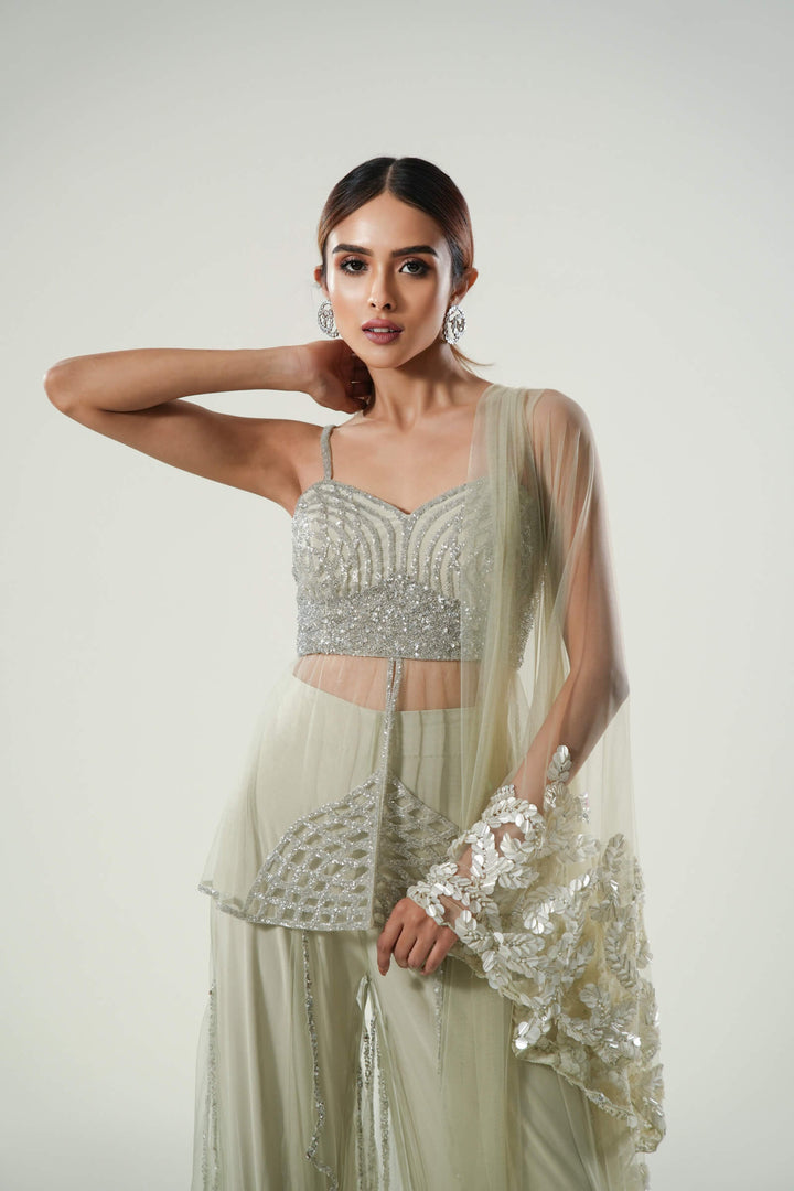 Mint Layered Pants With Sheer Kurta And Sequin Work Stole