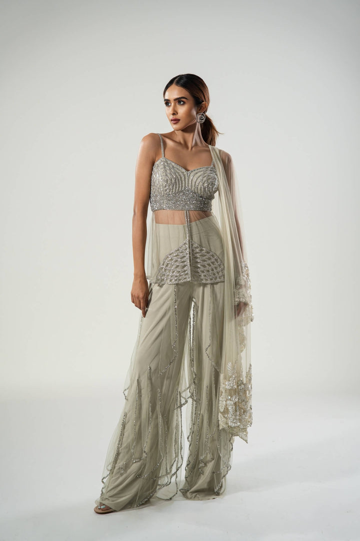Mint Layered Pants With Sheer Kurta And Sequin Work Stole