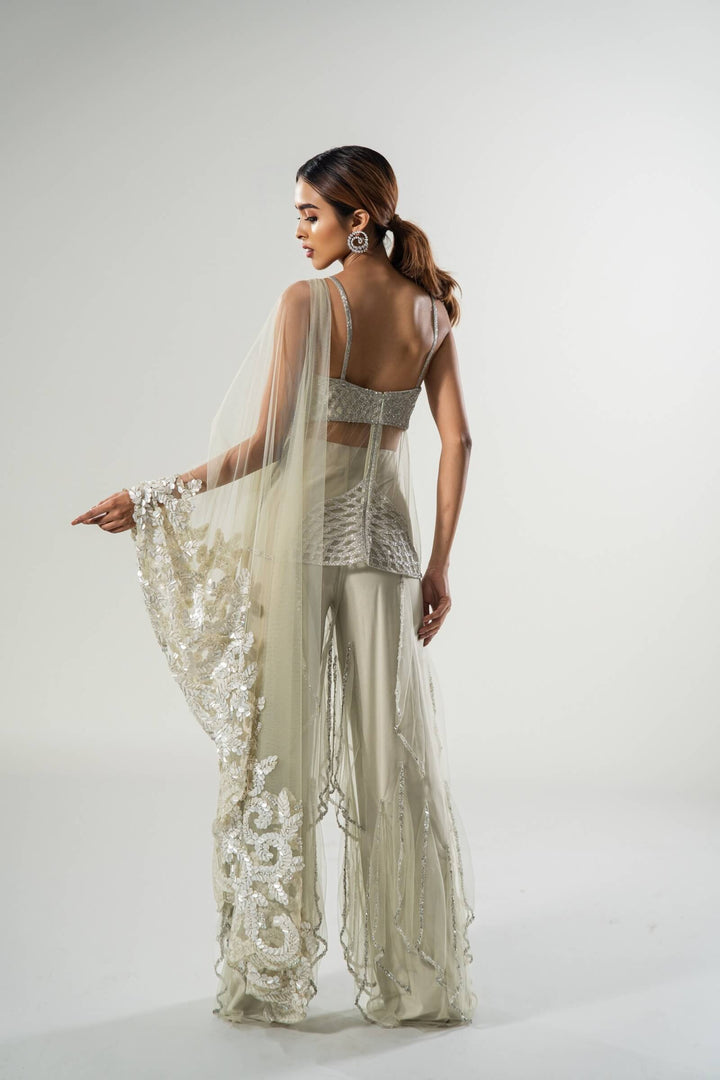 Mint Layered Pants With Sheer Kurta And Sequin Work Stole