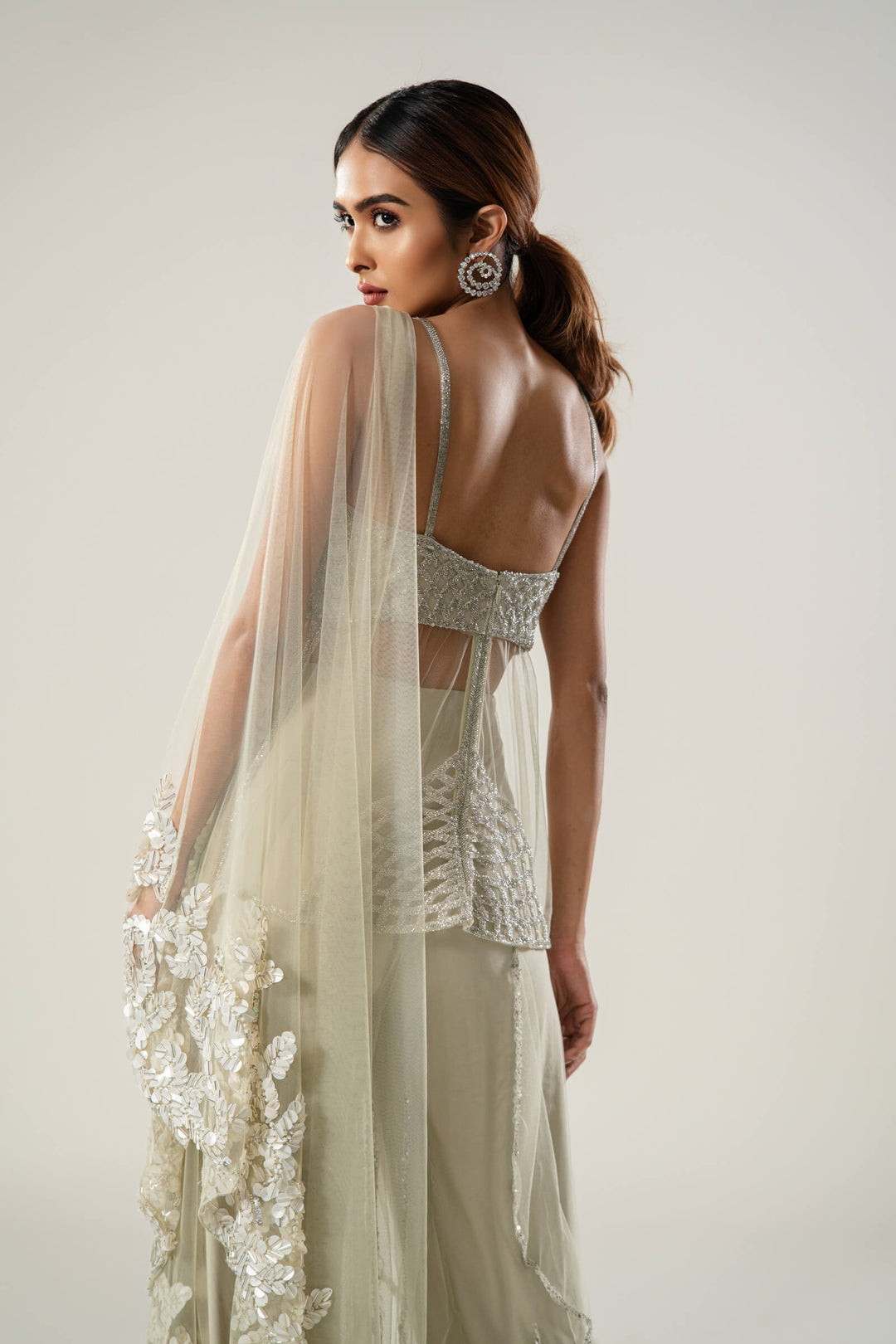 Mint Layered Pants With Sheer Kurta And Sequin Work Stole