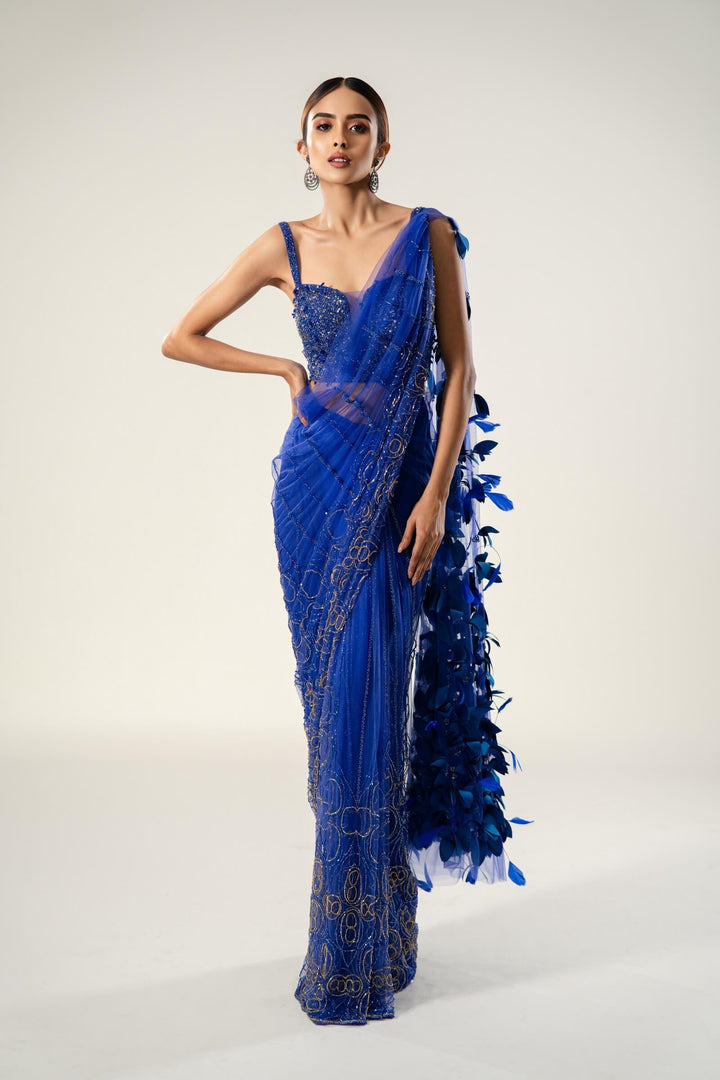 Blue Beadwork Prestitched Saree With Feather Aanchal And Beaded Blouse