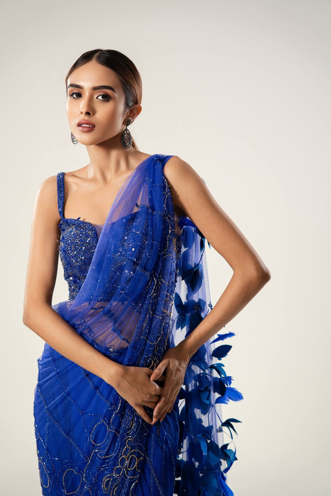 Blue Beadwork Prestitched Saree With Feather Aanchal And Beaded Blouse