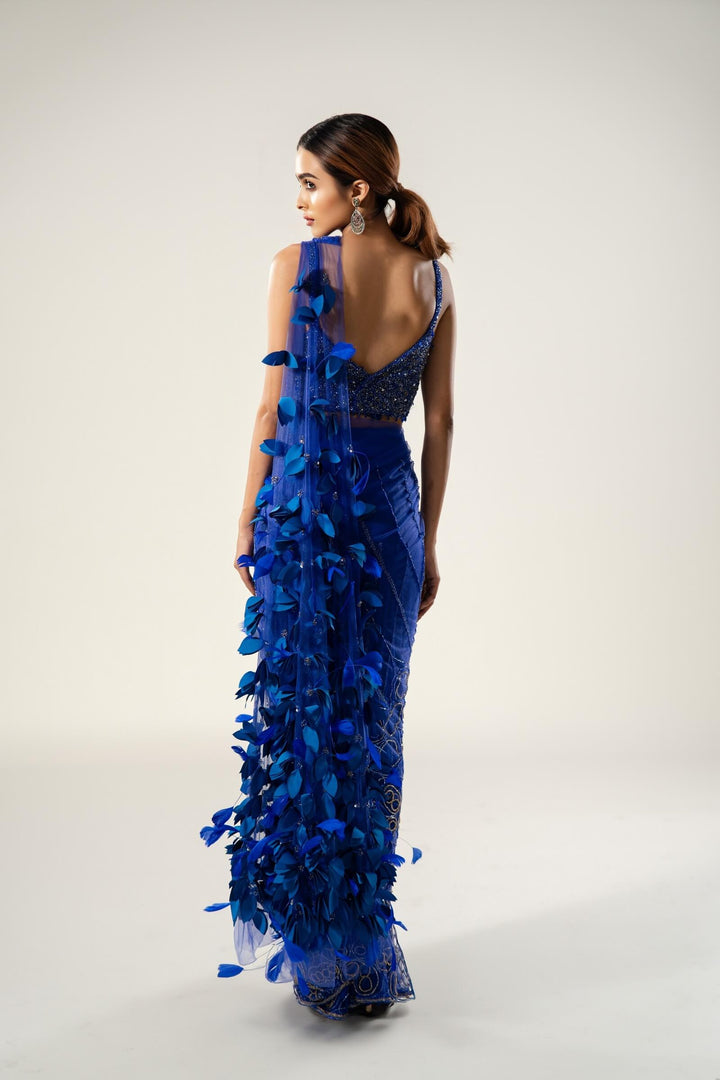 Blue Beadwork Prestitched Saree With Feather Aanchal And Beaded Blouse