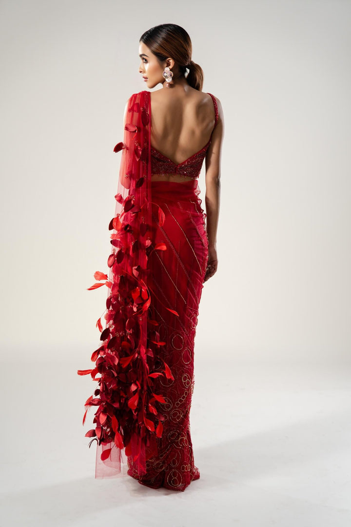 Red Beadwork Pre Stitched Saree With Feather Aanchal And Beaded Blouse