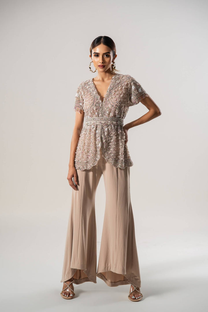 Beige Petal Jacket With Asymmetrical Trouser