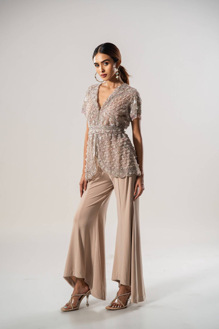 Beige Petal Jacket With Asymmetrical Trouser