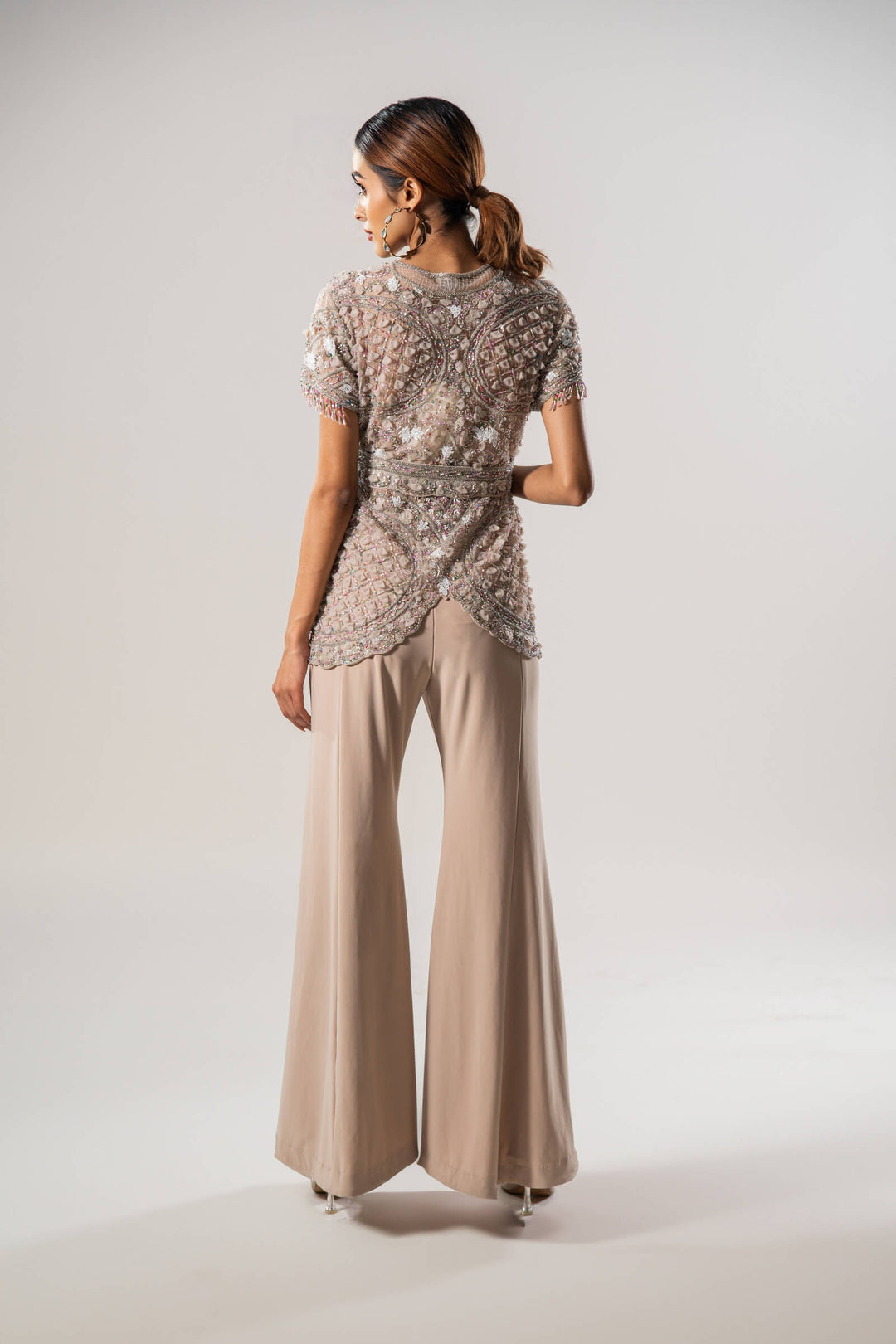 Beige Petal Jacket With Asymmetrical Trouser