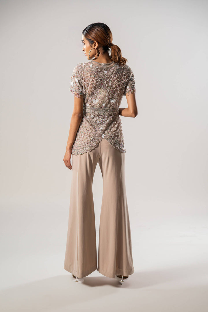 Beige Petal Jacket With Asymmetrical Trouser