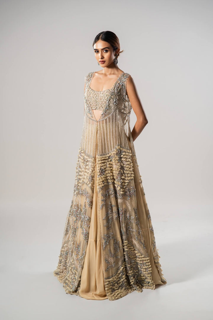 Sand 3d Petal Long Tulle Jacket With 3d Work Blouse And Tiered Lehenga