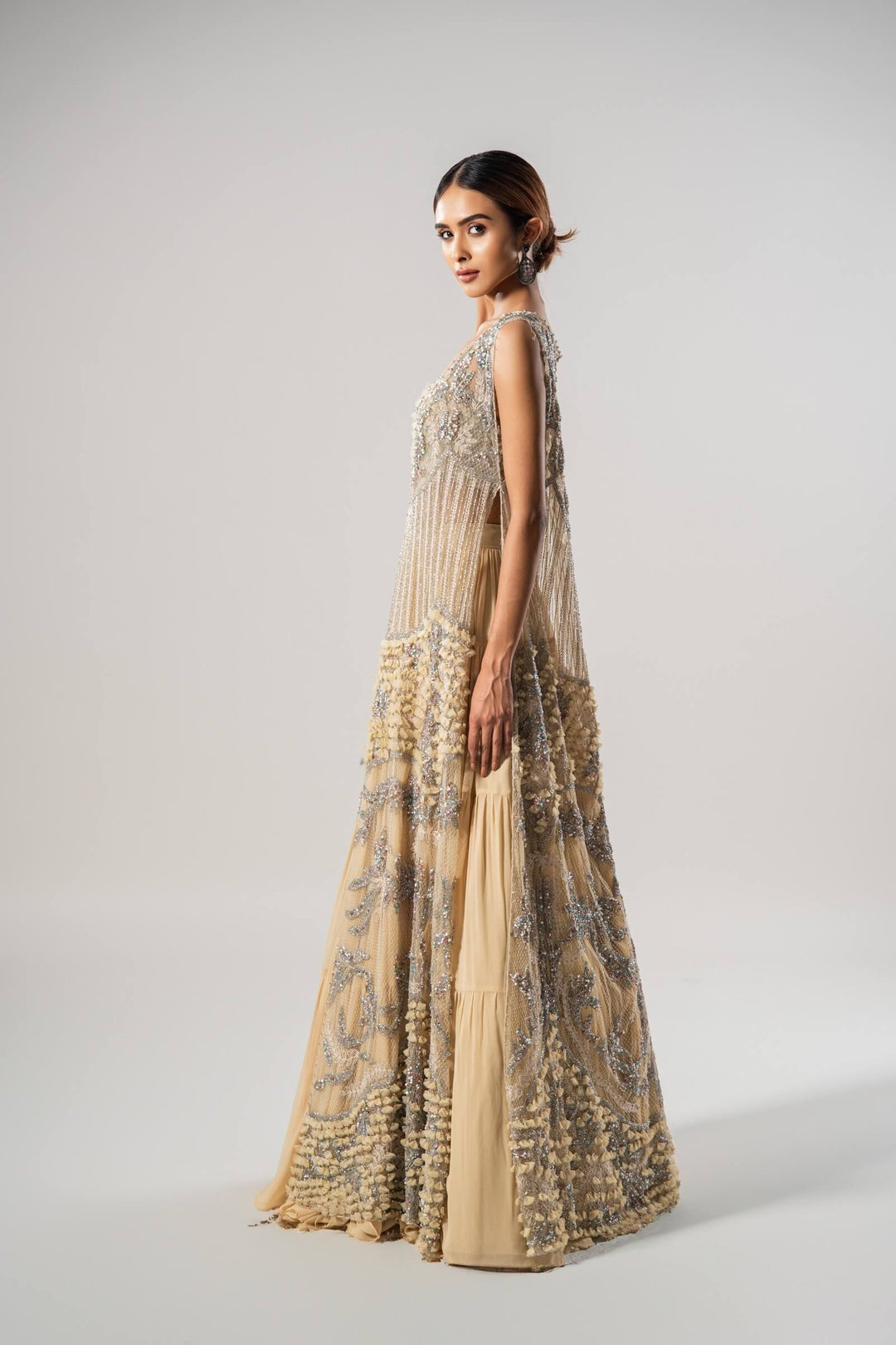 Sand 3d Petal Long Tulle Jacket With 3d Work Blouse And Tiered Lehenga