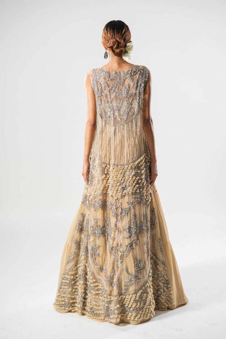 Sand 3d Petal Long Tulle Jacket With 3d Work Blouse And Tiered Lehenga