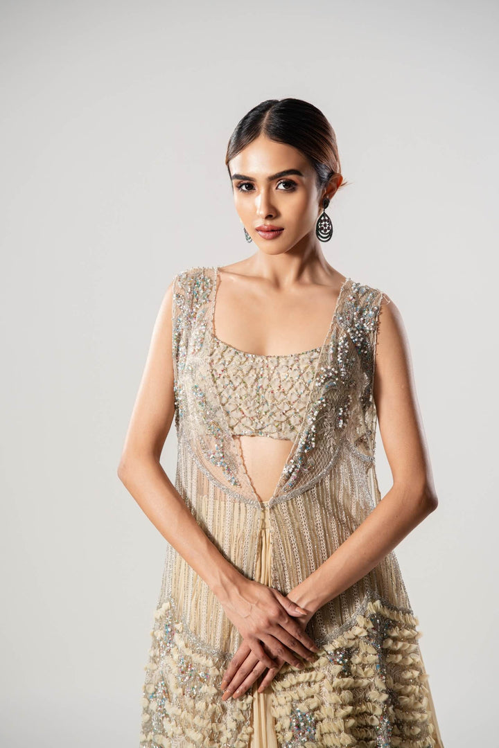 Sand 3d Petal Long Tulle Jacket With 3d Work Blouse And Tiered Lehenga