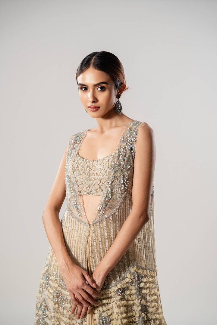 Sand 3d Petal Long Tulle Jacket With 3d Work Blouse And Tiered Lehenga