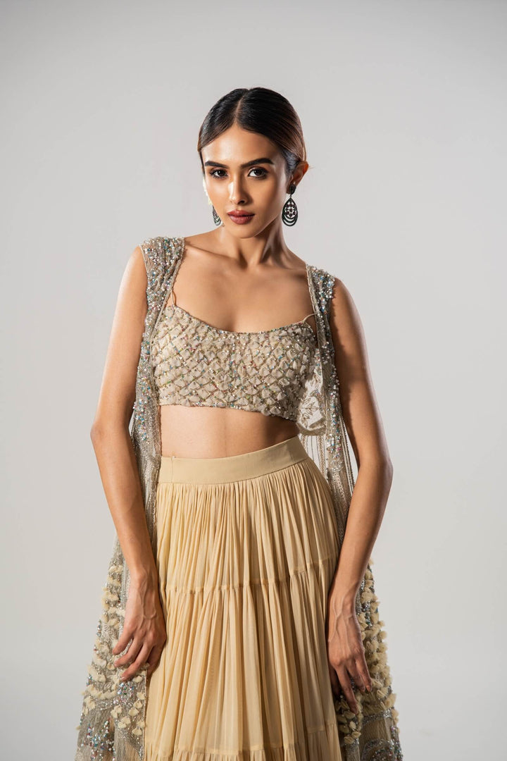 Sand 3d Petal Long Tulle Jacket With 3d Work Blouse And Tiered Lehenga