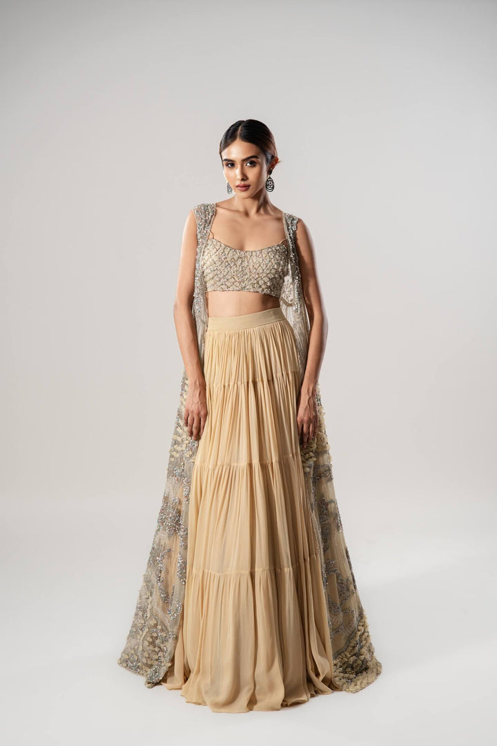 Sand 3d Petal Long Tulle Jacket With 3d Work Blouse And Tiered Lehenga