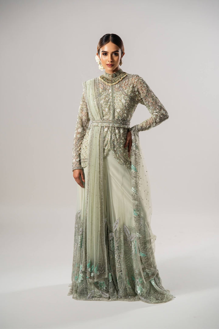 Sea Green Petal Jacket With Thread Embroidered Sharara And Dupatta