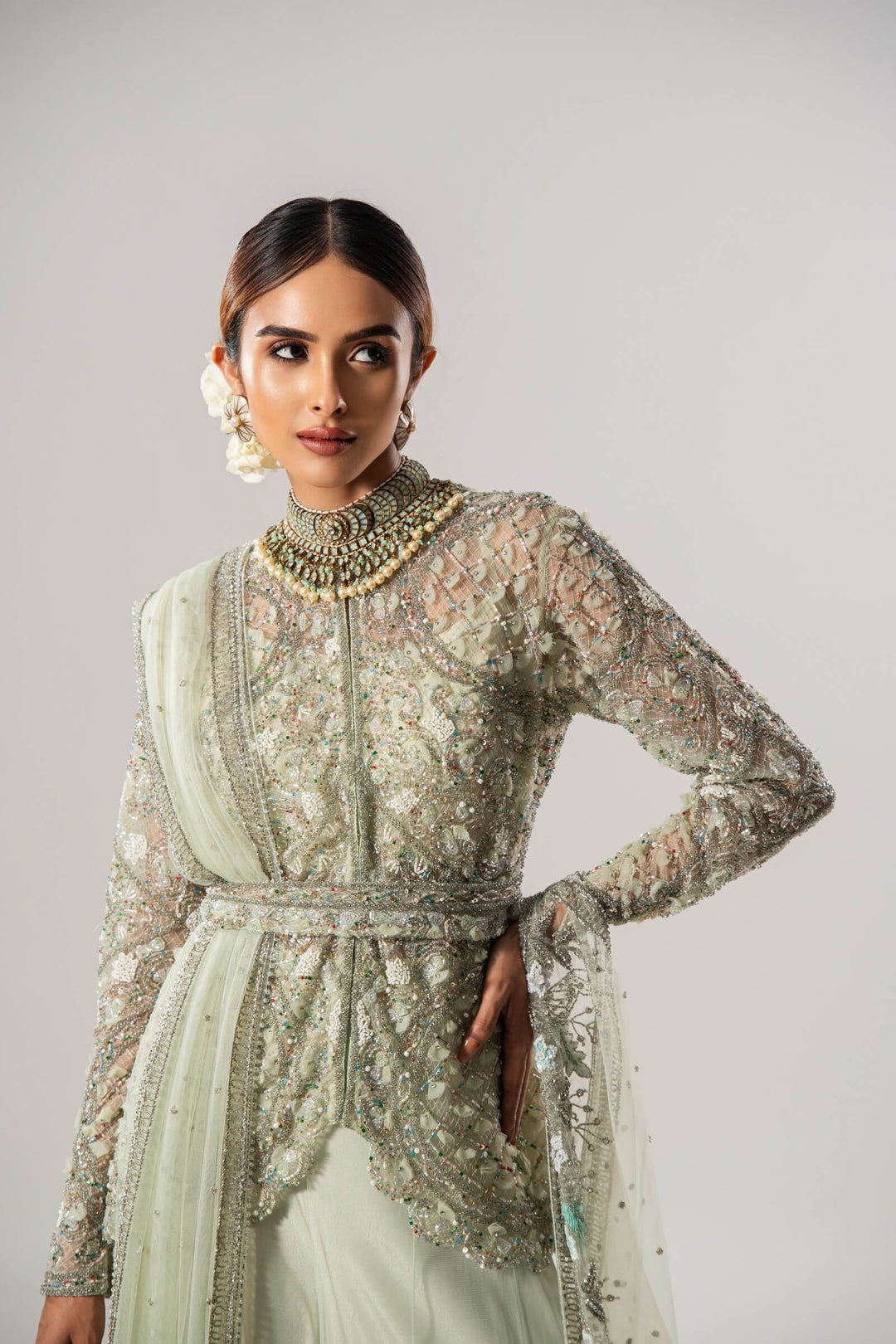 Sea Green Petal Jacket With Thread Embroidered Sharara And Dupatta