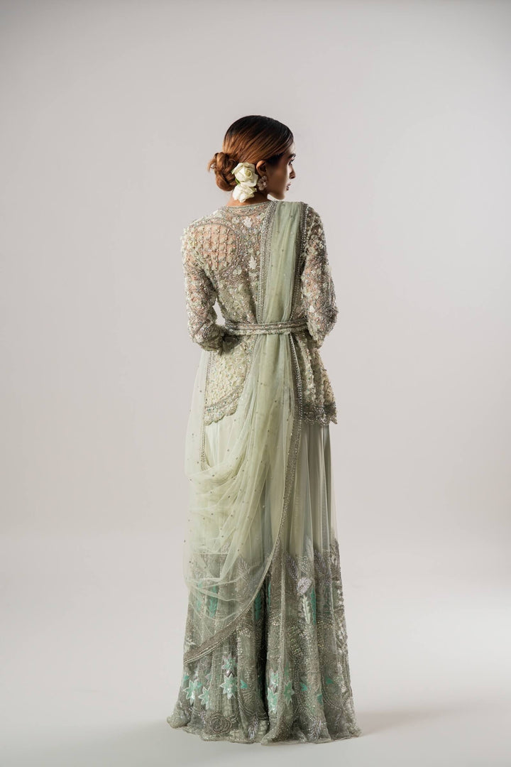 Sea Green Petal Jacket With Thread Embroidered Sharara And Dupatta