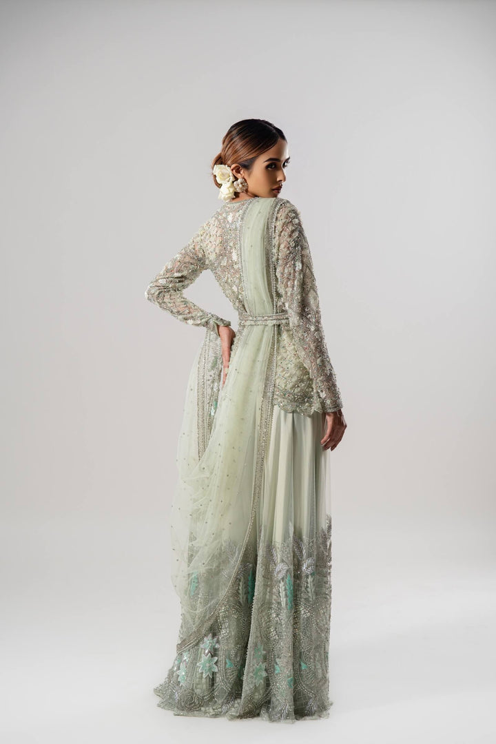 Sea Green Petal Jacket With Thread Embroidered Sharara And Dupatta