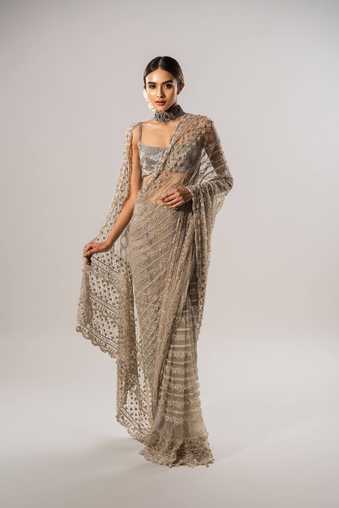 Tan Tulle Saree With 3d Petal Aanchal And Beaded Blouse