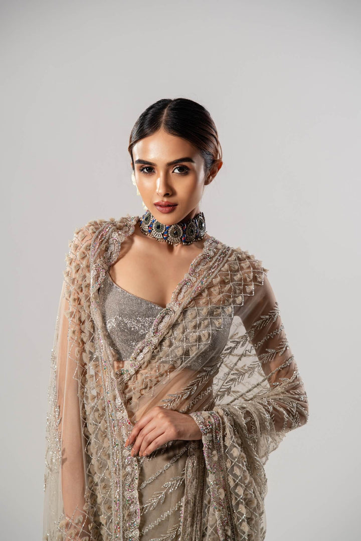 Tan Tulle Saree With 3d Petal Aanchal And Beaded Blouse