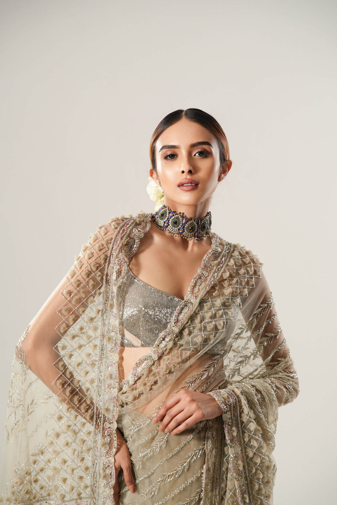 Tan Tulle Saree With 3d Petal Aanchal And Beaded Blouse
