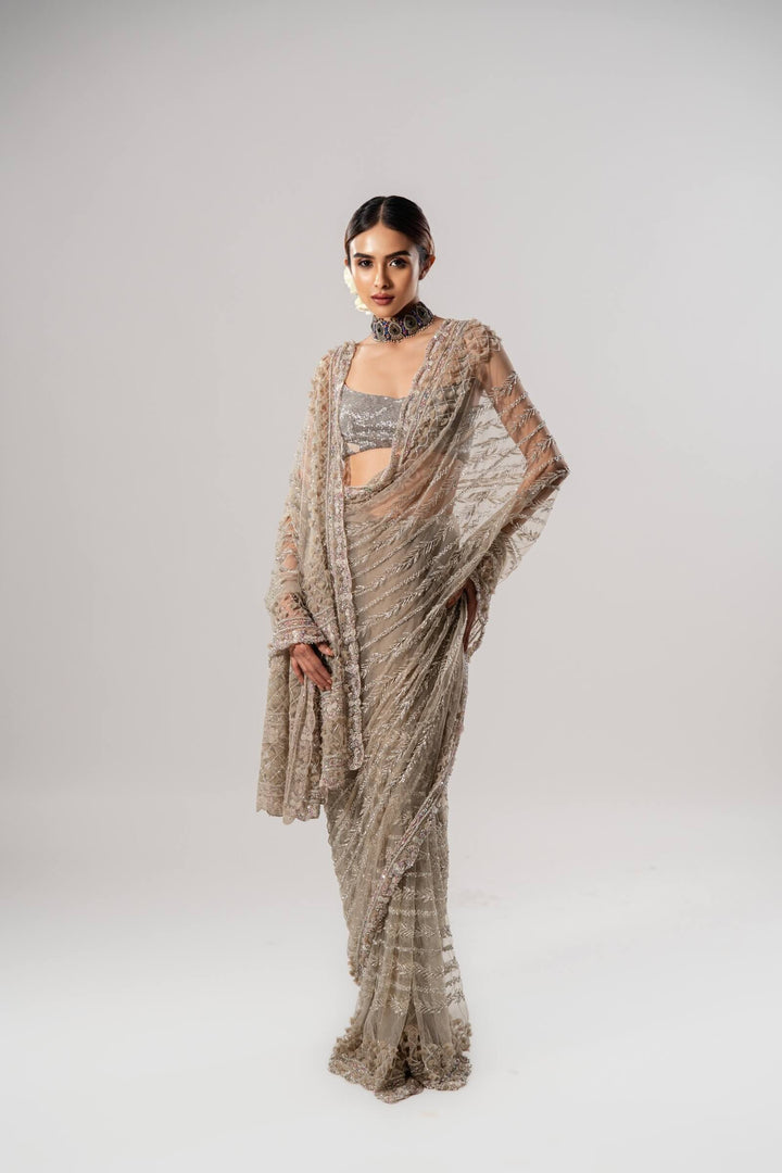 Tan Tulle Saree With 3d Petal Aanchal And Beaded Blouse