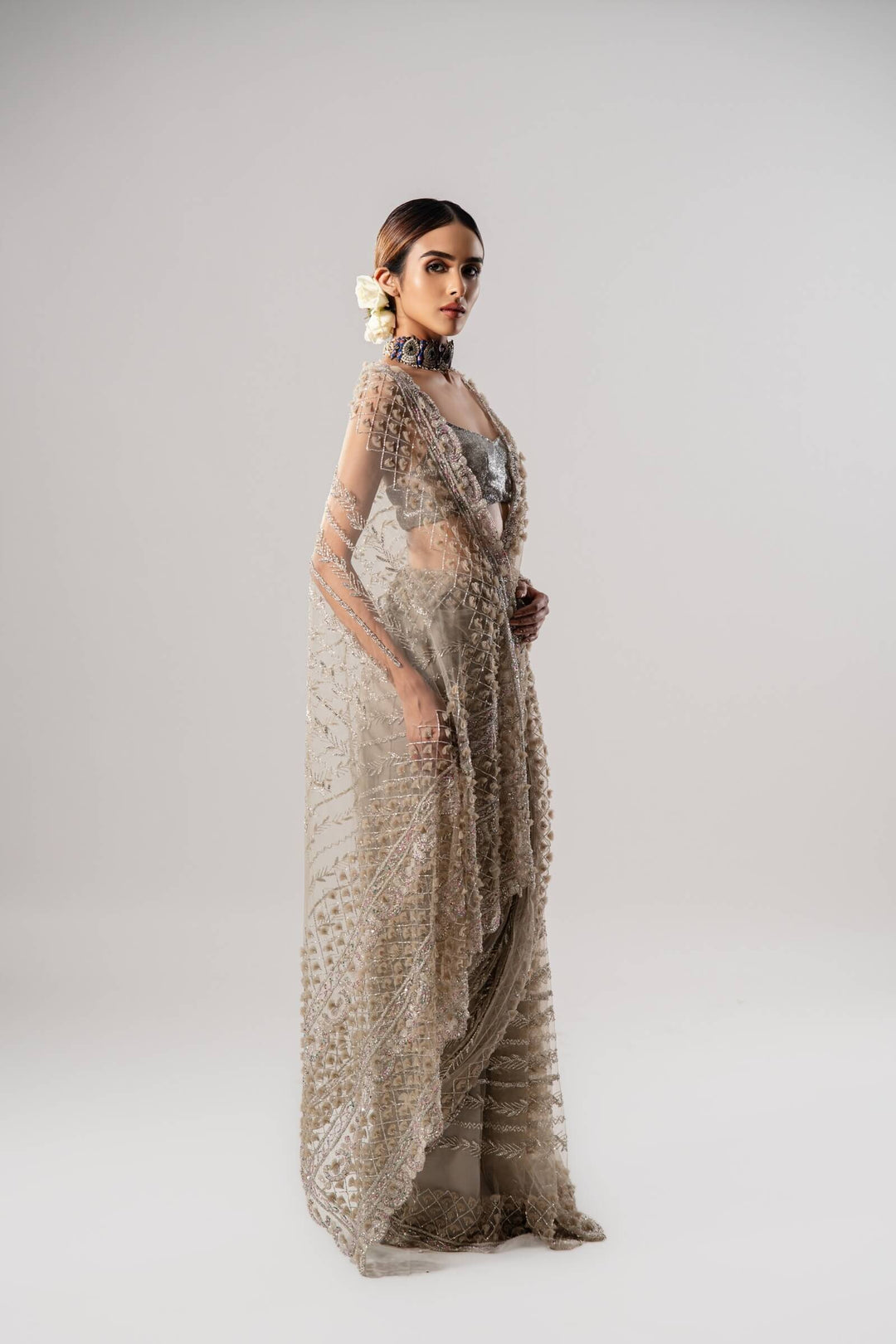 Tan Tulle Saree With 3d Petal Aanchal And Beaded Blouse