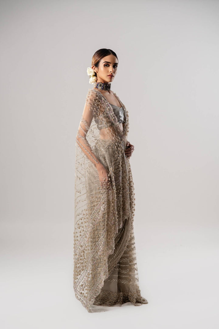 Tan Tulle Saree With 3d Petal Aanchal And Beaded Blouse