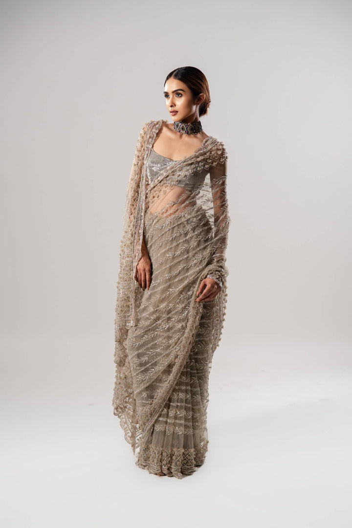 Tan Tulle Saree With 3d Petal Aanchal And Beaded Blouse