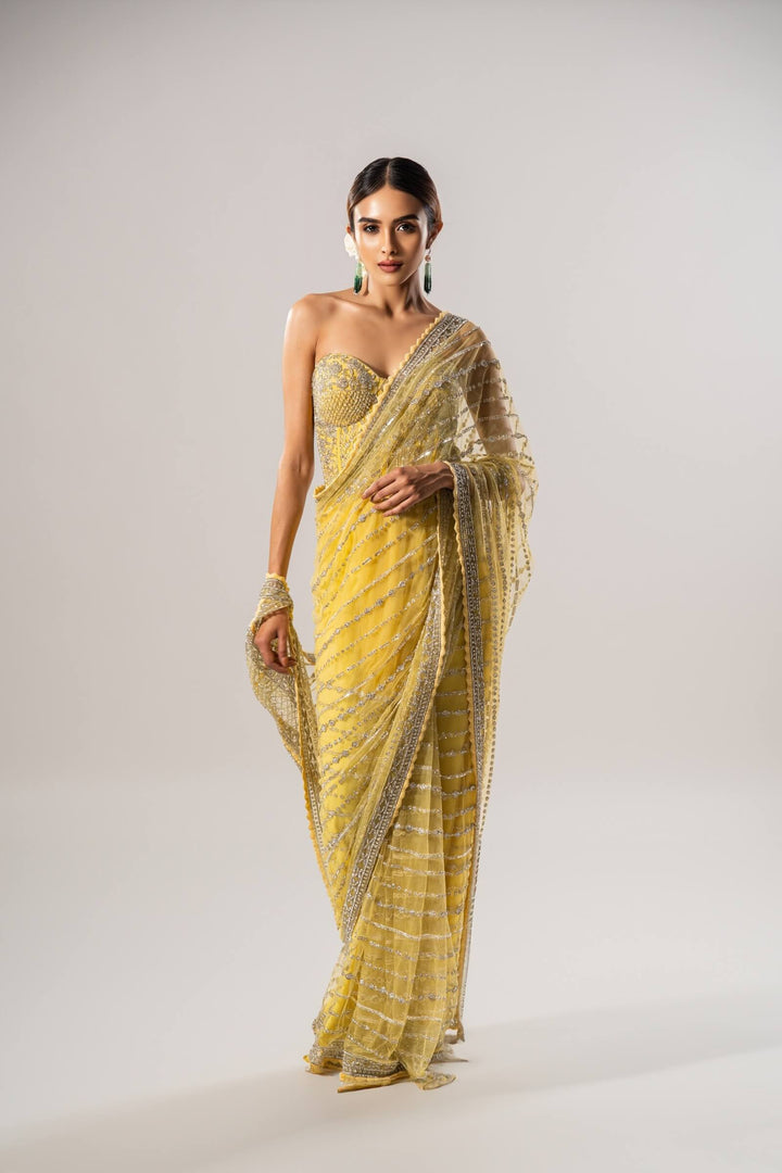 Yellow Stone Work Pre Stitched Saree With Embroidered Corset