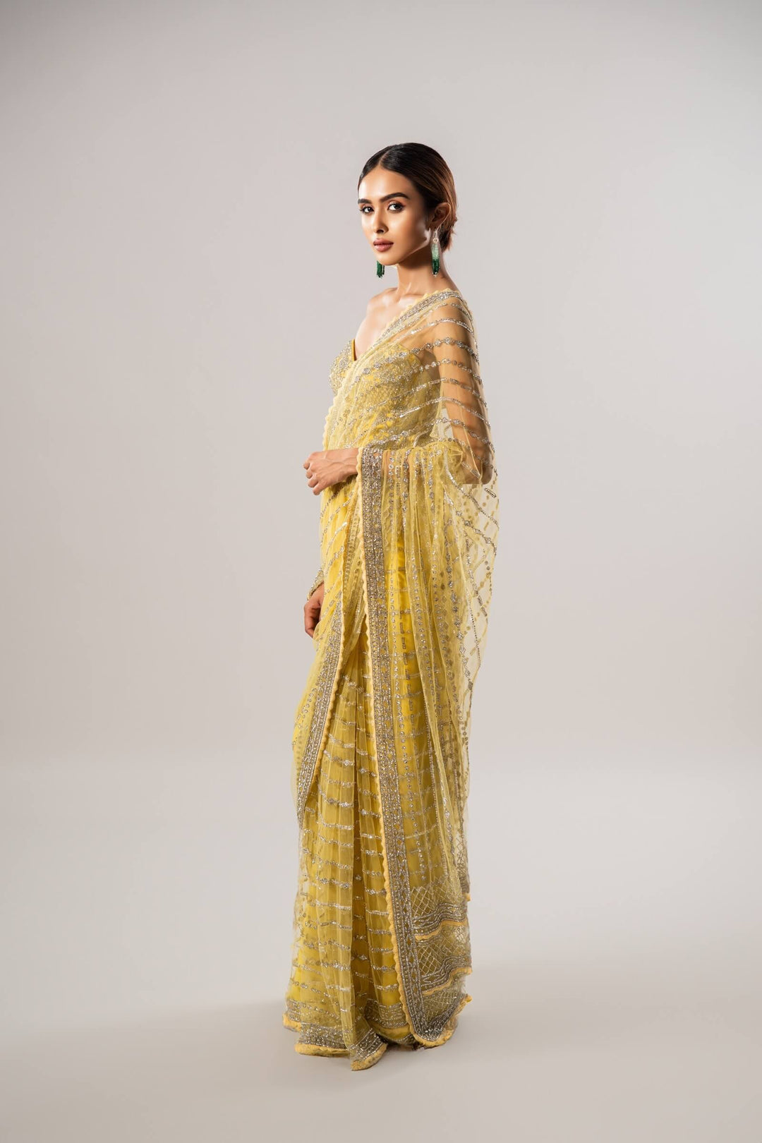 Yellow Stone Work Pre Stitched Saree With Embroidered Corset