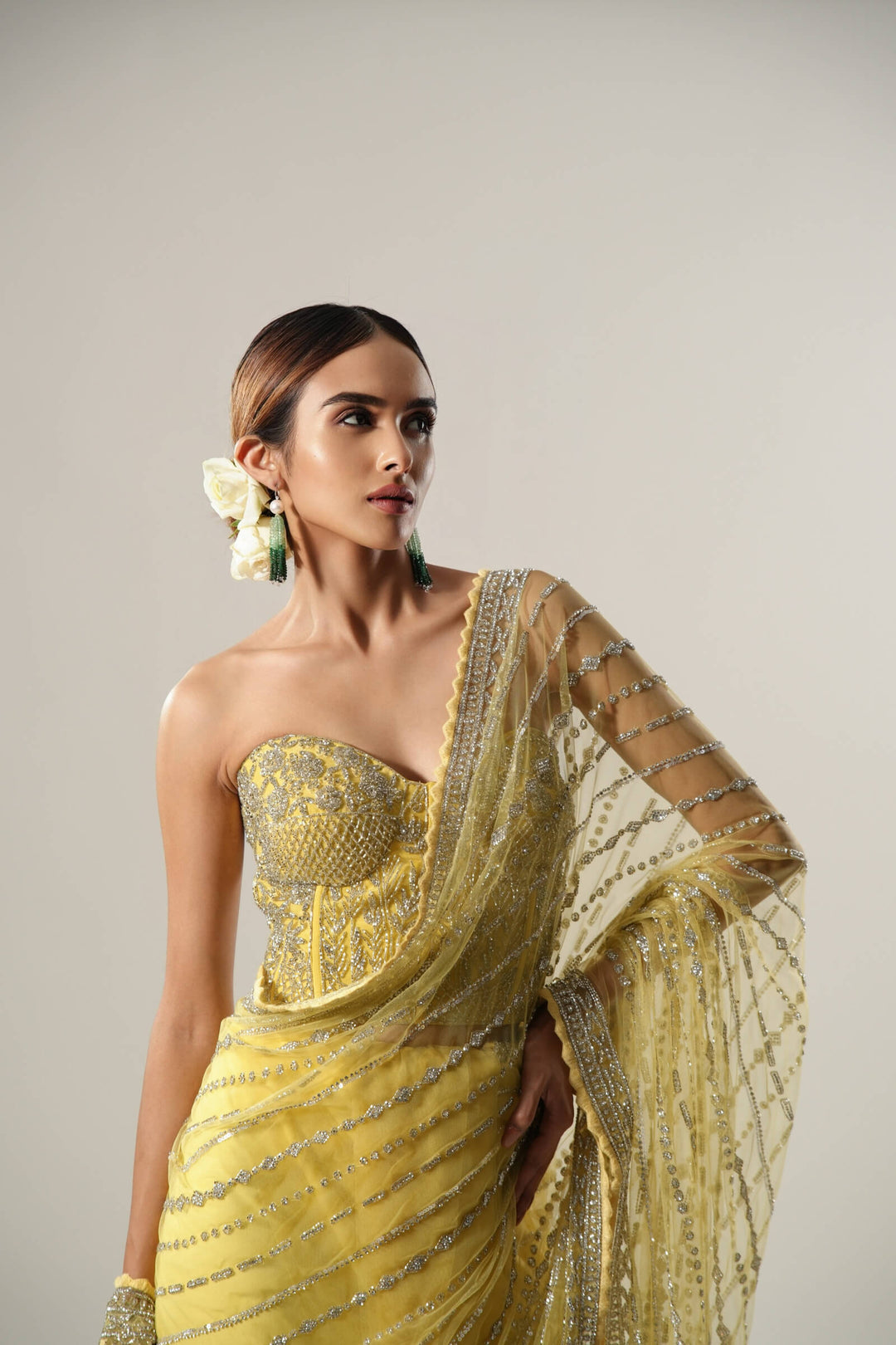 Yellow Stone Work Pre Stitched Saree With Embroidered Corset