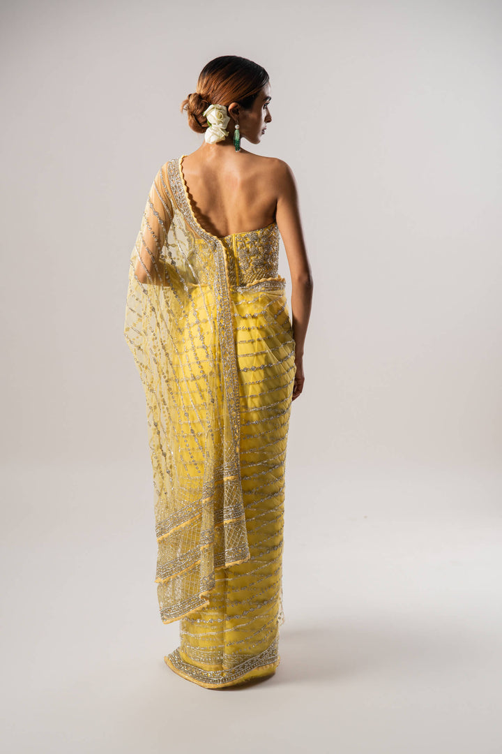 Yellow Stone Work Pre Stitched Saree With Embroidered Corset