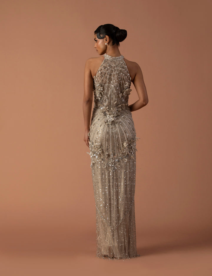 Champagne Cocktail Gown With Floating 3D Flowers