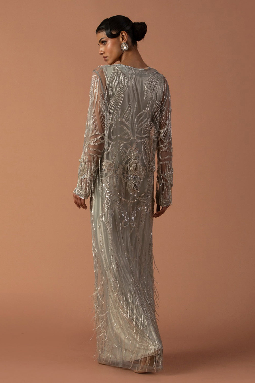Powder Blue Kaftan With Floating 3D Flowers