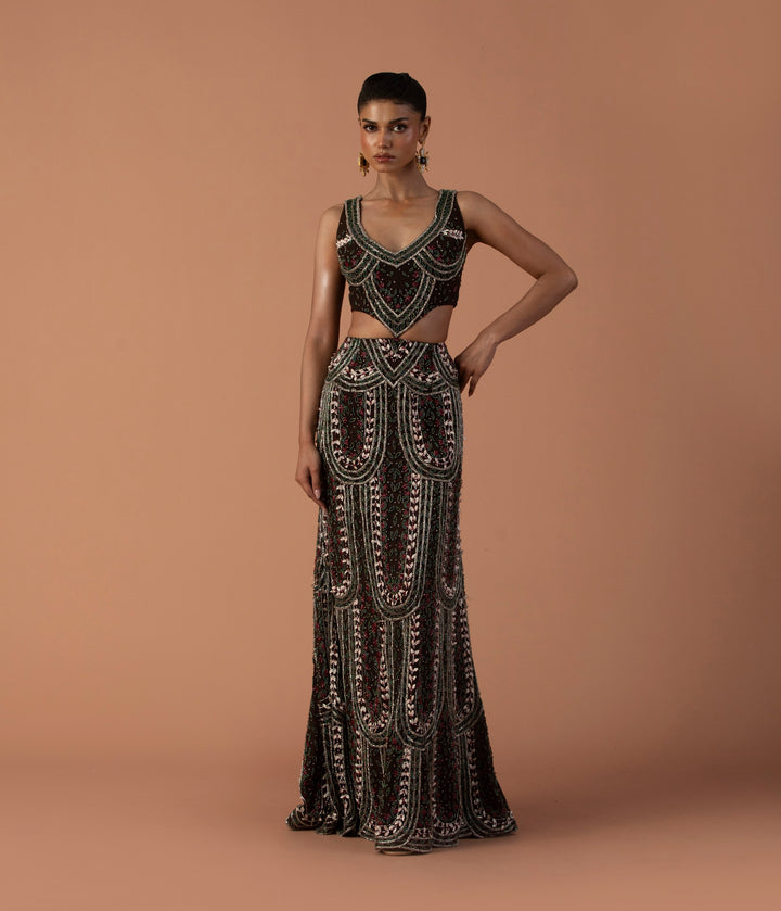 Brown Cut Out Gown With 3D Petals And Beadwork