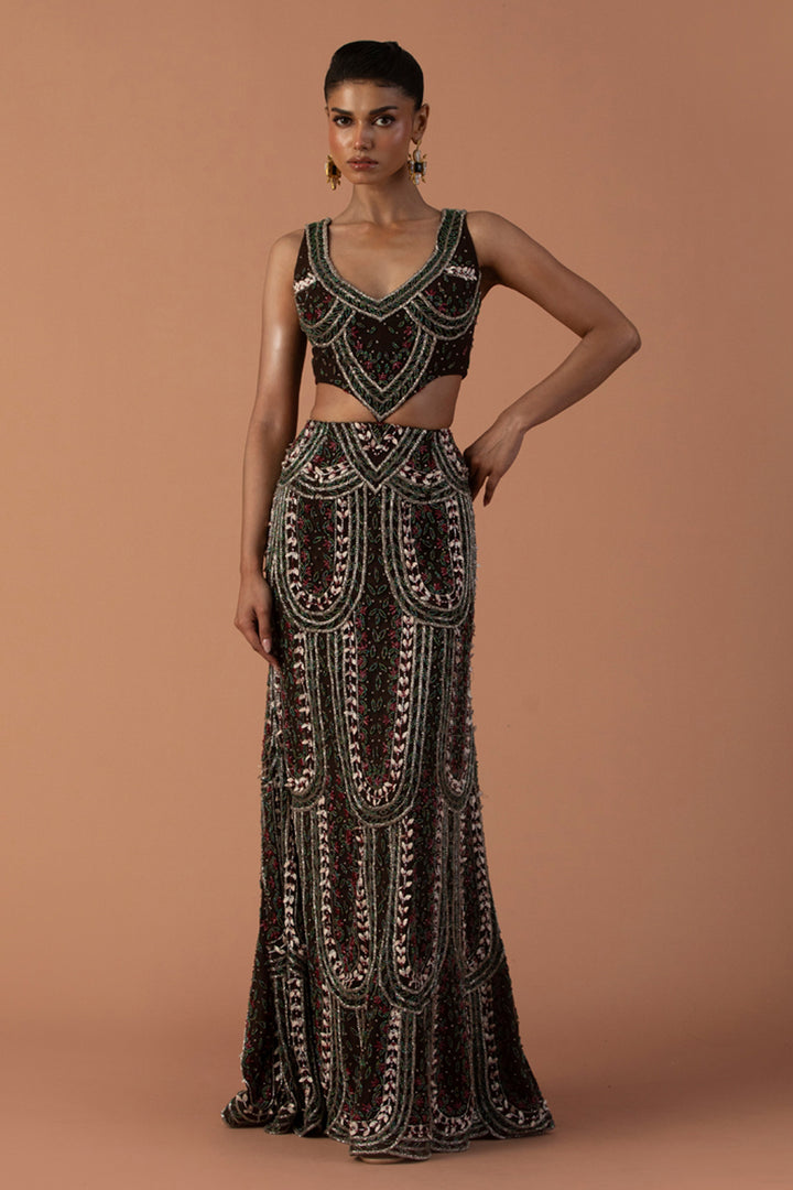 Brown Cut Out Gown With 3D Petals And Beadwork