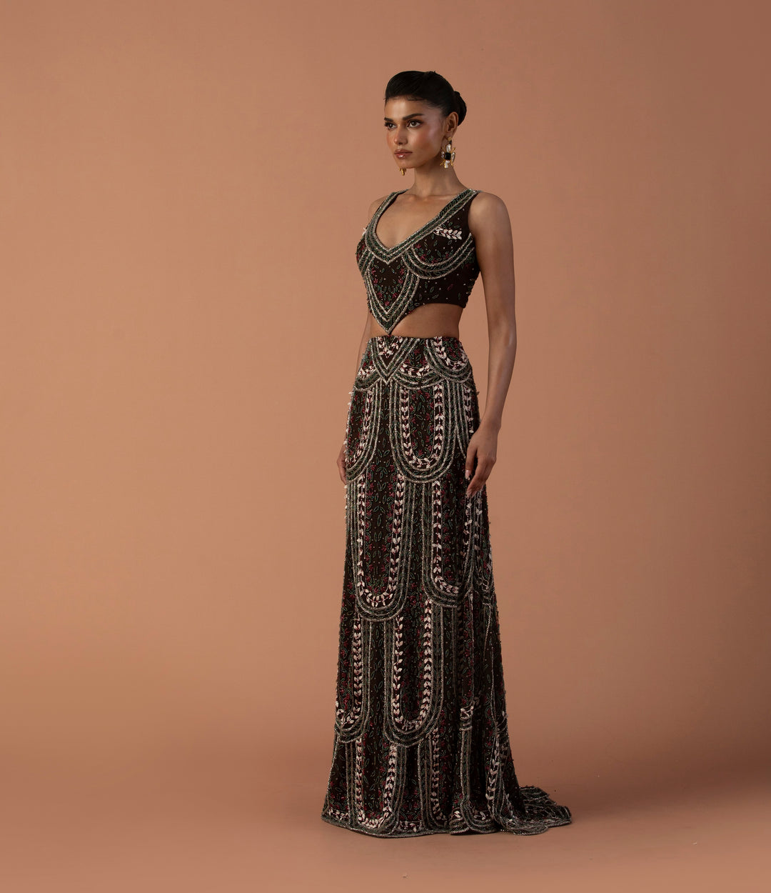 Brown Cut Out Gown With 3D Petals And Beadwork