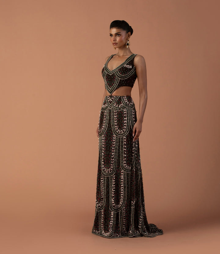 Brown Cut Out Gown With 3D Petals And Beadwork