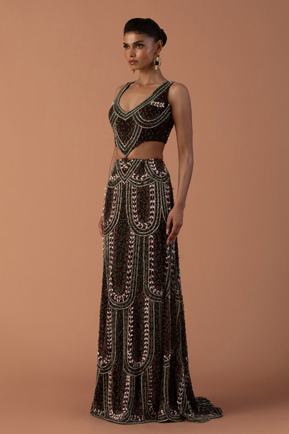 Brown Cut Out Gown With 3D Petals And Beadwork